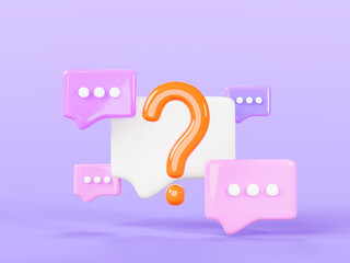 Poster - 3d speech bubbles with question mark render. Chat message icons, signs of faq, dialog with support. Talk boxes square shapes for dialog, conversation, comments on purple background. 3D illustration