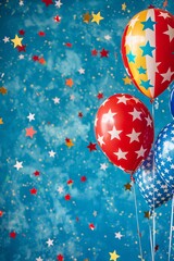 Wall Mural - Red, white, and blue star-spangled balloons floating on a blue backdrop with confetti stars, ideal for independence day festivities