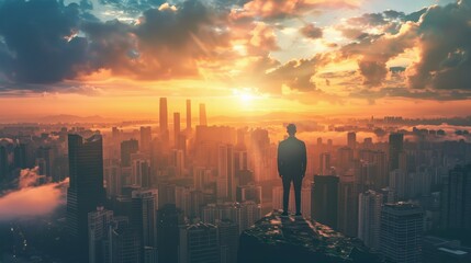 Silhouette of person with city skyline glowing in the orange sunset sky

