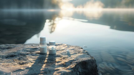 Sticker - A close-up view of a saline nasal spray and eye drops on a smooth stone surface, with a serene, misty lake in the background. 