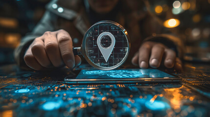 Poster - A person is looking at a phone with a map on it. The map is glowing and the person is using a magnifying glass to look at it. Scene is curious and investigative