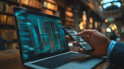 Poster - A man is using a laptop and a cell phone to access information