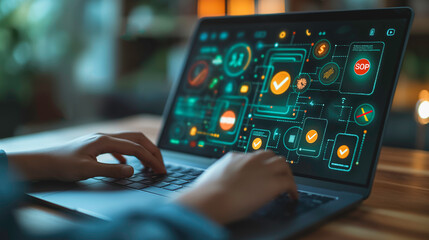 Poster - a person is typing on a laptop with a green screen that has a lot of symbols