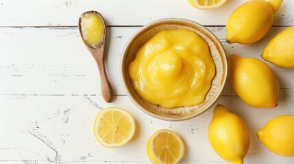Tasty lemon curd served in a bowl on a white wooden table photographed from above