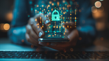 Poster - A person is holding a cell phone with a blue lock on the screen. Concept of security and protection, as the lock symbolizes the device's ability to keep information safe. Scene is serious and focused