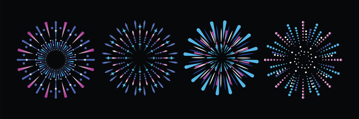 Poster - Set of colorful fireworks Isolated on a black background. Design concept for holiday banner, poster, greeting card and celebration background.