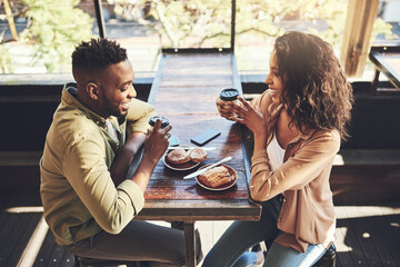 Sticker - Happy, couple and coffee with food at restaurant for nutrition, romance and bonding together. Man, woman and smile in love with date at cafe for breakfast, beverage and conversation in morning