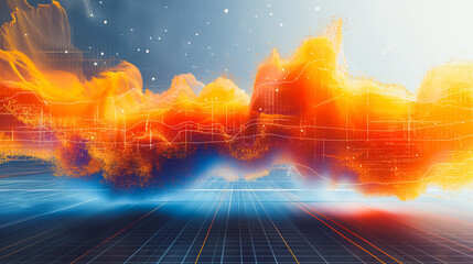 Poster - A colorful, abstract painting of a cityscape with orange and blue swirls