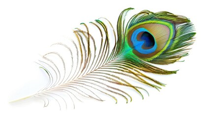  peacock feather with vibrant color on white background