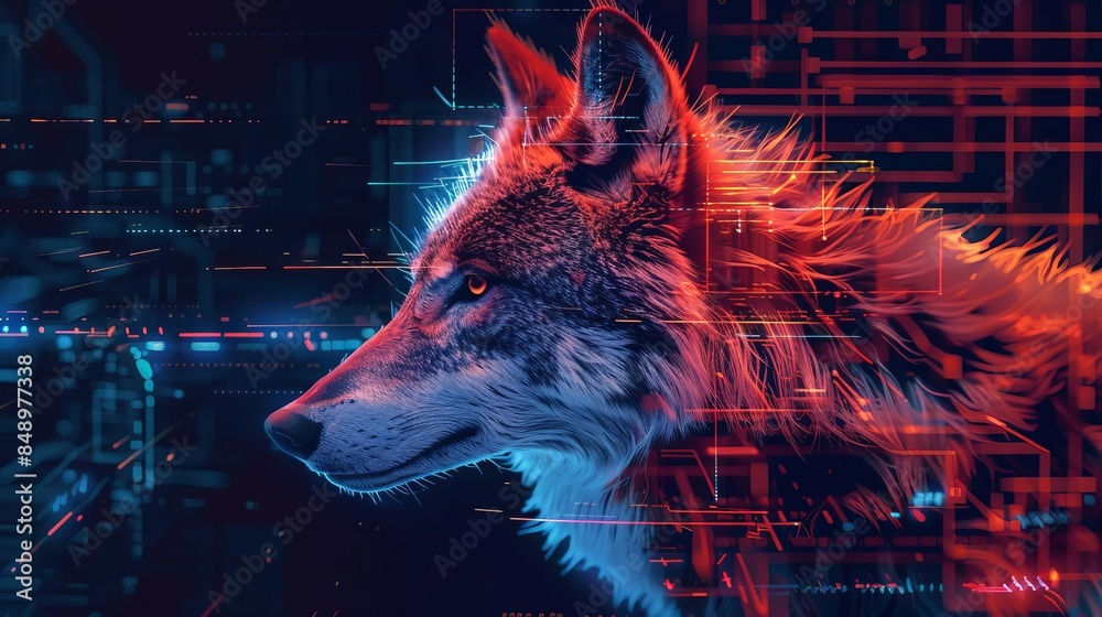 Techwolf Visuals Digital artwork of a wolf with neon cyber elements, blending nature and ...