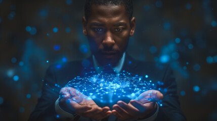 Poster - A man in a suit is holding a blue object in his hands. The image has a futuristic and technological vibe, with the blue object appearing to be a hologram or some sort of advanced technology