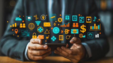 Poster - A man is holding a cell phone and looking at a screen with a lot of icons