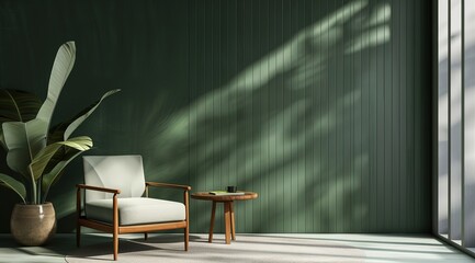 Modern Living Room with Minimalist Interior Design Featuring Green Wall, Armchair, and Wooden Table against Vertical Striped Dark Green Paneling. Elegant and Contemporary Home Decor.