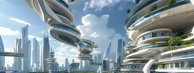 Poster - Futuristic Skyline with Sleek and Innovative Architectural Designs Blending Nature and Technology