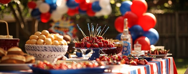 Wall Mural - Table laid and decorated for a fourth of july garden party, featuring delicious food and drinks