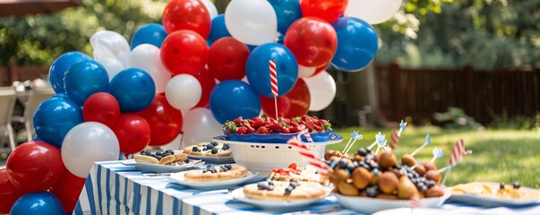 Wall Mural - Outdoor table decorated with red, white, and blue for a 4th of july celebration