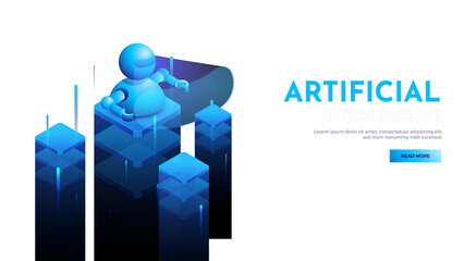 Wall Mural - Responsive landing page for Artificial Intelligence (AI) era with 3D isometric design of robot with on digital building blocks.