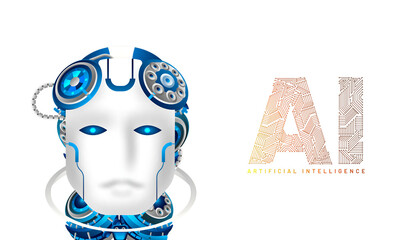 Poster - Website hero banner design, illustration of humanoid robotic face with AI text made by computer generated digital structure.