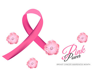 Wall Mural - Breast cancer awareness ribbon with flowers and pearls decorated on white background for Pink Power concept.