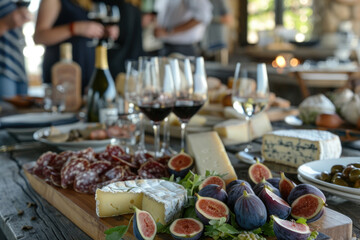 Wall Mural - Friends having a wine tasting party in a rustic winery, with varieties of cheeses and figs on a beautifully decorated table