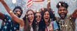 © ALEXSTUDIO - Group of friends laughing, holding american flag and having fun celebrating independence day