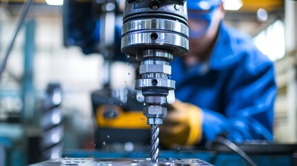 Worker operating a heavy-duty drill press to drill. Labour Day concept for designer