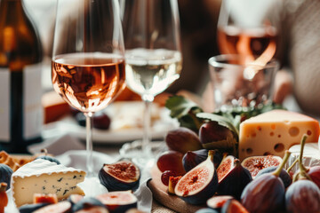 Table setting ready for wine tasting party in a rustic winery, with varieties of cheeses and figs on a beautifully decorated table