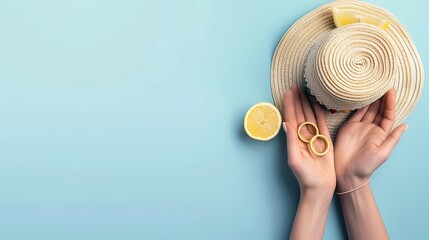 Female hands and rubber rings with mini hat and decorative lemon piece on blue background copy space