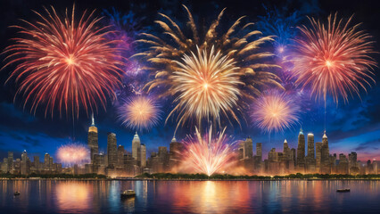 Wall Mural - fireworks over the river