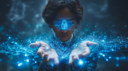 Poster - a woman is holding a blue screen with a lock on it. concept of security and protection