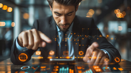 Poster - A man in a suit is pointing at a screen with a lot of numbers and graphs. Concept of focus and concentration as the man looks at the data on the screen