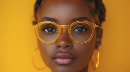 Wall Mural - A woman with glasses and orange earrings is looking at the camera