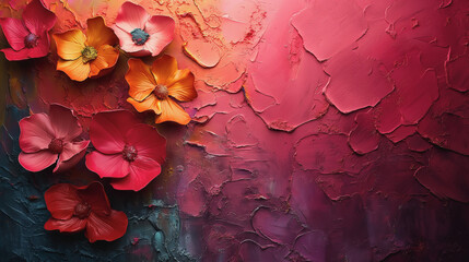 Wall Mural - A painting of flowers with a pink background