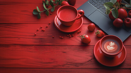Poster - A red background with two red cups of coffee and a laptop