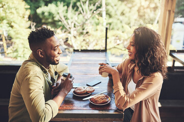 Sticker - Happy, people and smile with food at restaurant for conversation, nutrition and romance together. Man, woman and couple in love with date at cafe for breakfast, beverage and bonding in morning