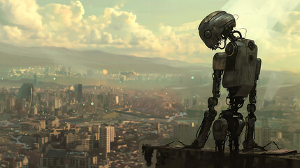 Canvas Print - A robot stands on a rooftop overlooking a city