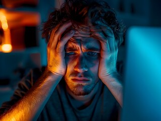 Poster - Exhausted Professional Rubbing Eyes Illuminated by Glow of Computer Screen