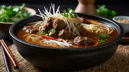 Wall Mural - A close-up photorealistic image of a steaming bowl of authentic Northern Thai boat noodles, featuring succulent meatballs, sliced beef, and crunchy bamboo shoots swimming in a rich and flavorful broth