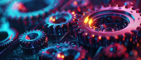 Wall Mural - Bright neon gear against a dark backdrop, highlighting intricate mechanical details in vivid colors and 8K UHD
