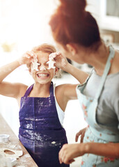 Wall Mural - Mother, play or girl baking with dough in kitchen for child development to prepare cookies in family home. Funny kid, happy mom and learning pastry recipe for bonding or cooking snacks or dessert