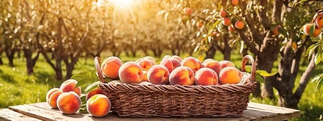 Wall Mural - Fresh ripe Peach in basket in the garden. Freshly harvested Peach nestled in a charming basket. This horizontal banner poster showcases the bounty of a fall garden with vibrant Peach.