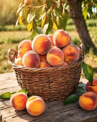 Wall Mural - Fresh ripe Peach in basket in the garden. Freshly harvested Peach nestled in a charming basket. This horizontal banner poster showcases the bounty of a fall garden with vibrant Peach.