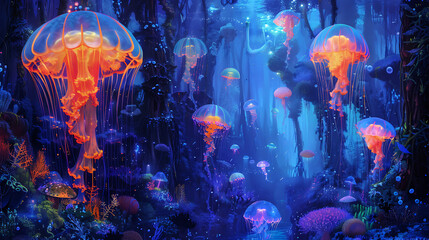 Wall Mural - A painting of a group of jellyfish in a blue ocean