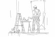 © Анатолий Сав - A single line drawing of a painter standing on a ladder, holding a paint roller, and painting a wall. He has a paint can and tools on a table nearby. Generative AI