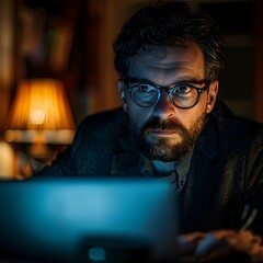 Poster - Exhausted Businessman Working Late in Dimly Lit Office on Laptop