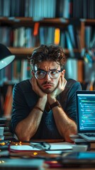Poster - fatigued programmer surrounded by screens and coding resources