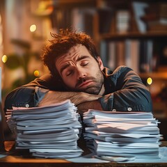 Poster - exhausted professional resting head on stack of paperwork in office