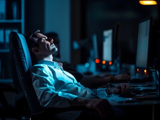 Poster - Exhausted Office Worker Leaning Back in Dark Workspace at Night