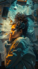 Poster - Exhausted Employee Resting at Desk Amid Scattered Documents and Glowing Screen