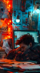 Poster - Exhausted Worker Resting at Dimly Lit Desk Surrounded by Scattered Documents and Glowing Laptop Screen